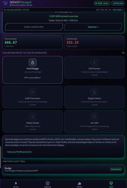 Vault tab: escrow and badges